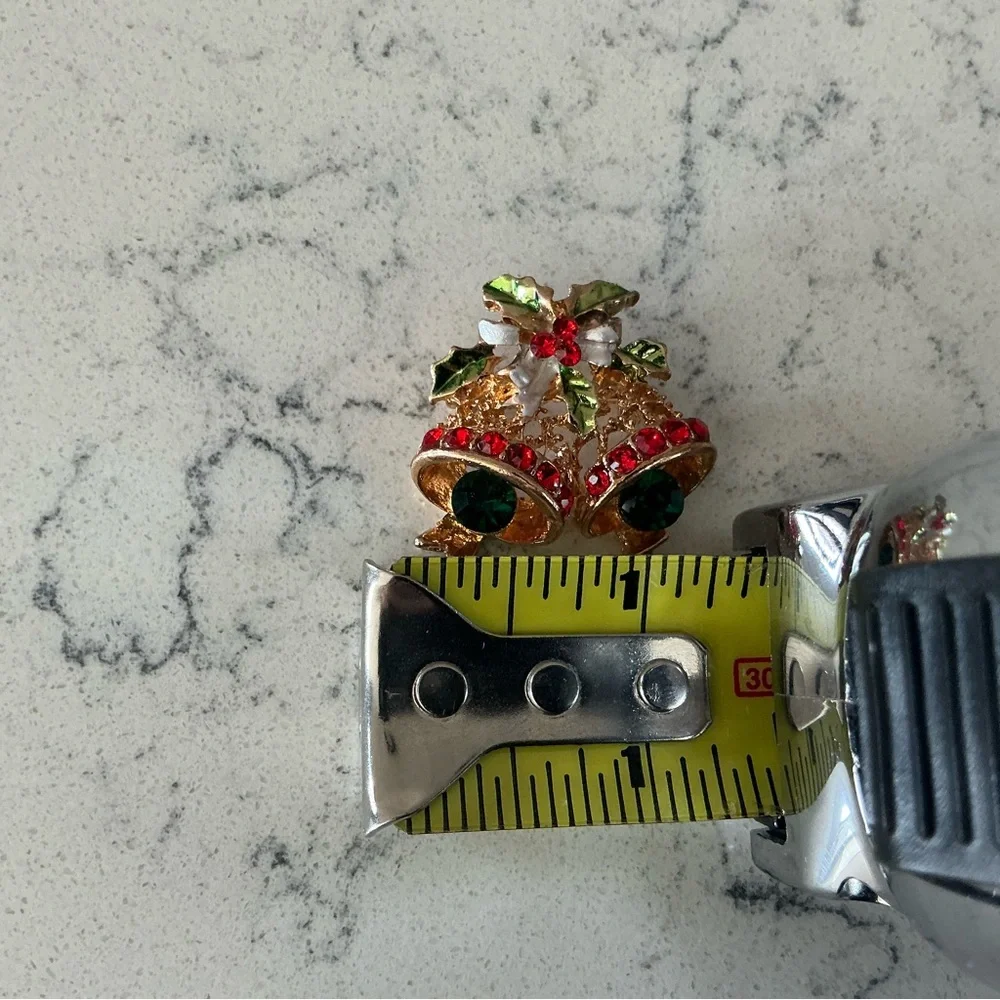 Christmas bell brooch rhinestone red,green,gold metal